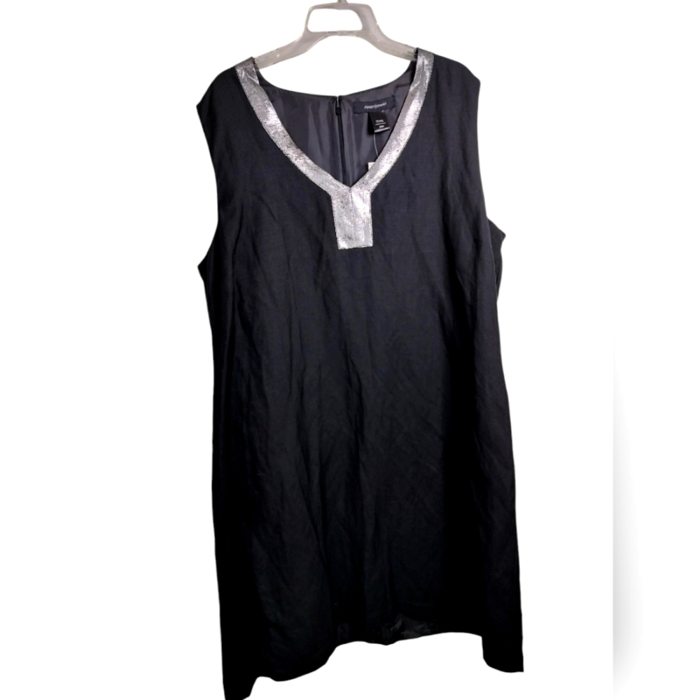 3079) Ashley Stewart Black Silver V Neck  Linen Blend Sleeveless Dress Plus 22W